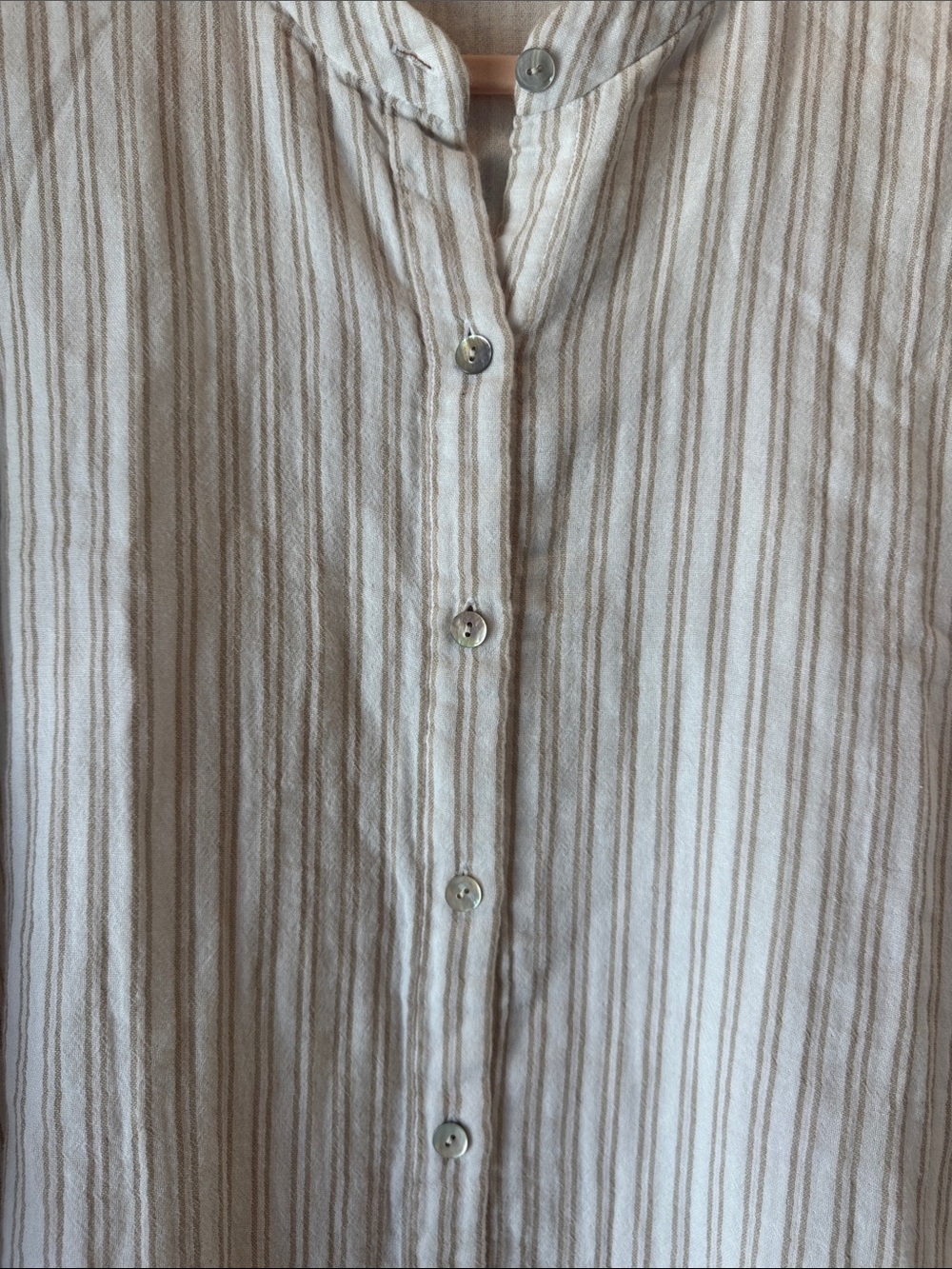Eileen Fisher White Button-Down Tunic with Tan Stripes - Picture 5 of 7